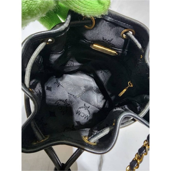 Authentic MCM Vintage Nylon Visetos Chain Bucket Drawstring Bag Black - Picture 7 of 13